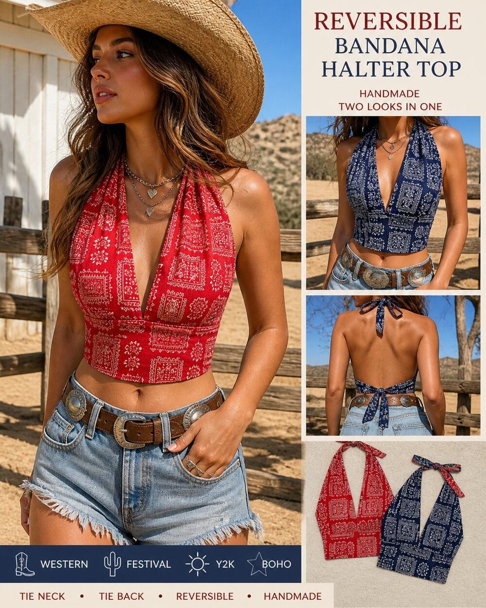 Reversible Bandana Halter Top Handmade Red Blue Patchwork Scarf Crop Western Y2K